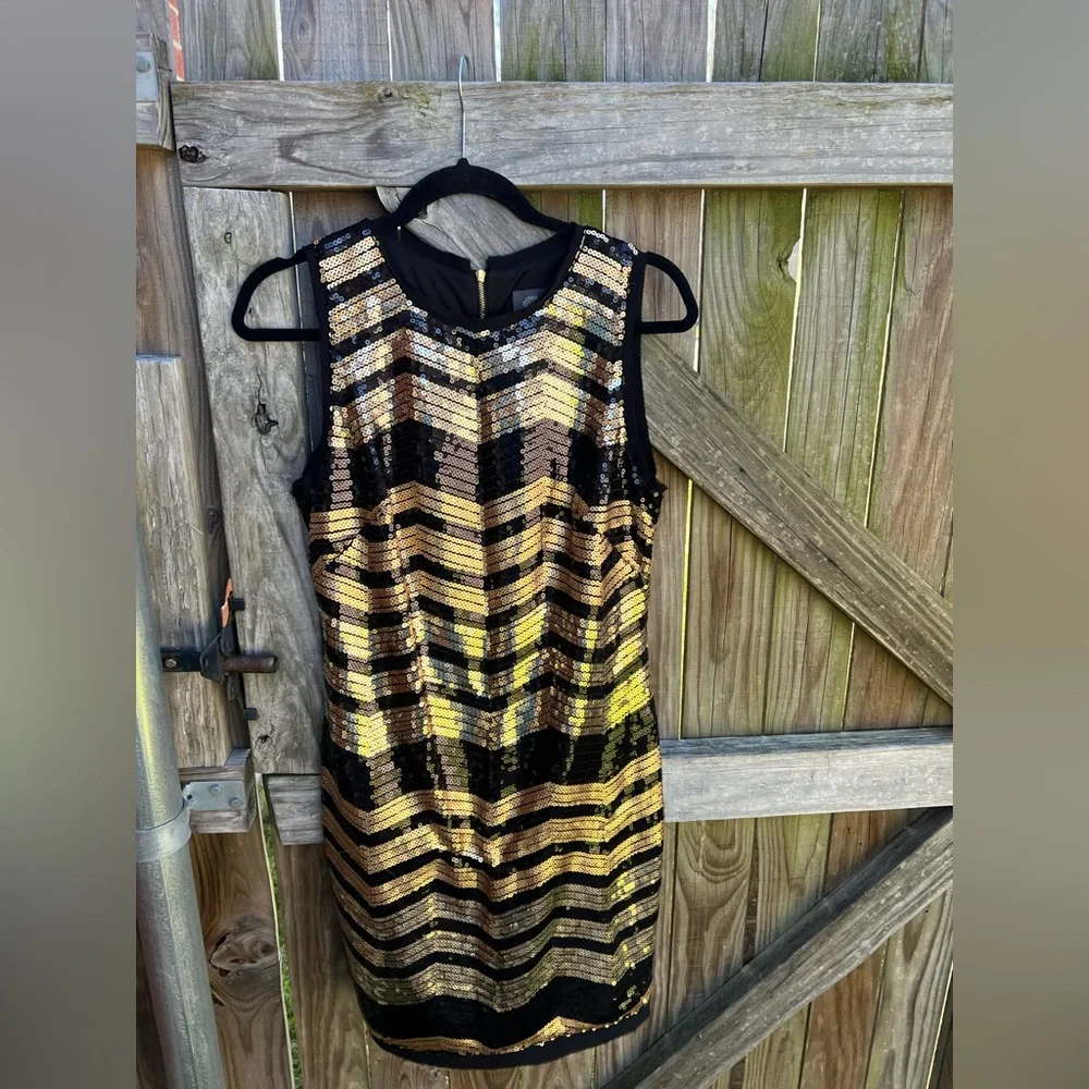 Vince Camuto Black and Gold Sequin Chevron Mini Dress - Picture 3 of 7